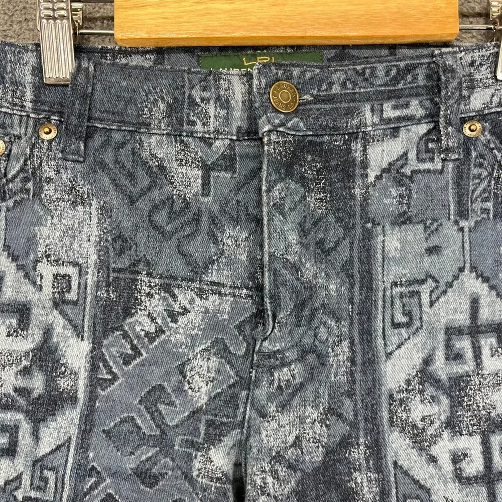 Lauren Ralph Lauren Straight Pants Women 12 Blue Southwestern Tribal Print Denim